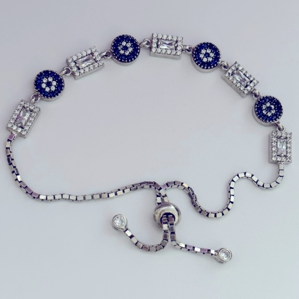 🧿925 Silver evileye bracelet bolo cz blue